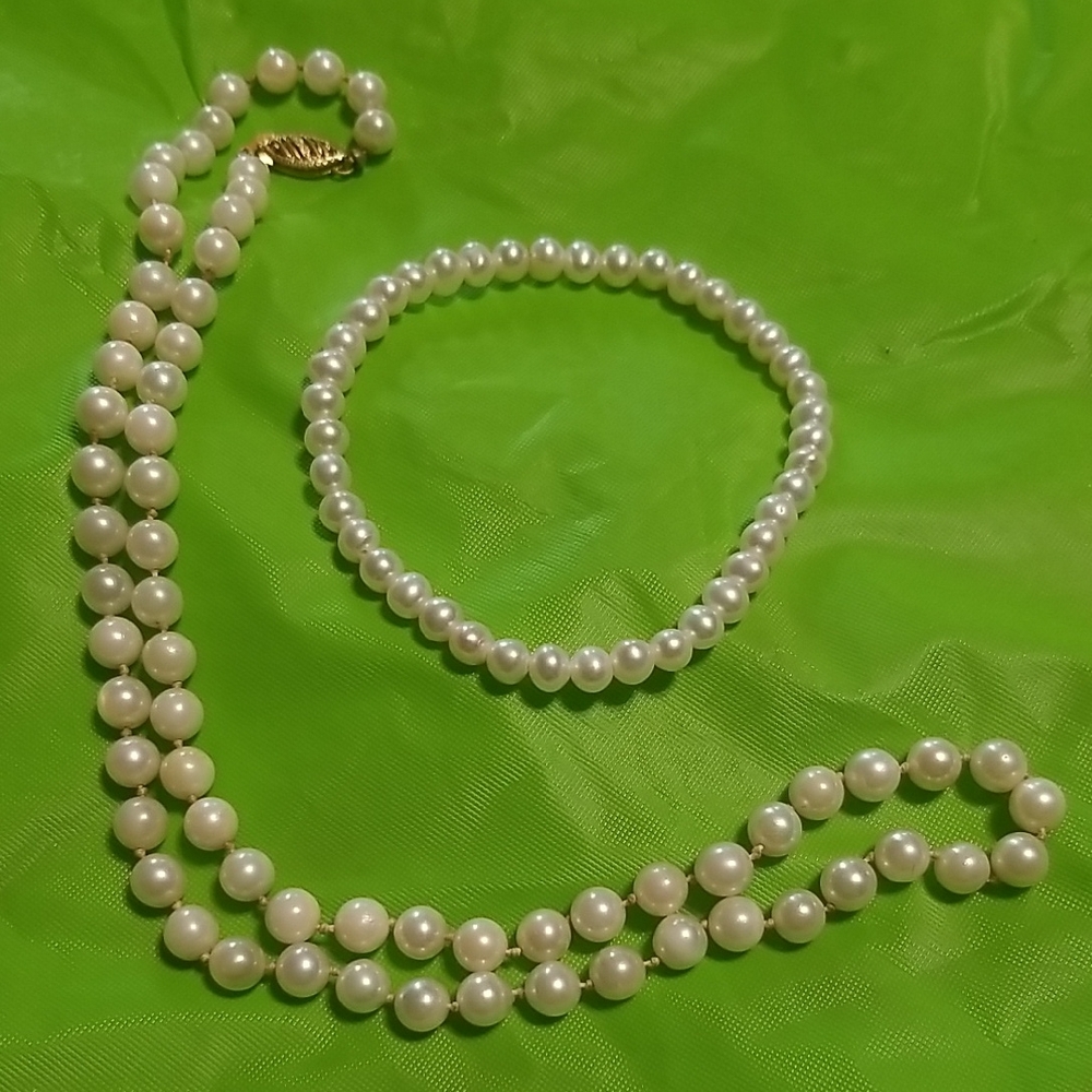 PEARL NECKLACE & BRACELET, Necklace Clasp 14K, Bracelet Stretch J#14